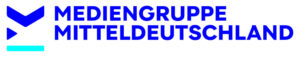 Mediengruppe Mitteldeutschland logo: bold blue wordmark with a left icon of stacked chevrons and shapes, plus a cyan bar